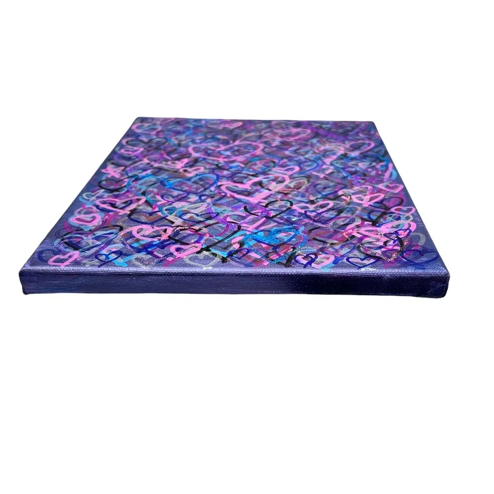 HANDCRAFTED MIXED MEDIA COLORFUL GRAFFITI HEARTS - SHADES OF PURPLE, BLUE & PINK